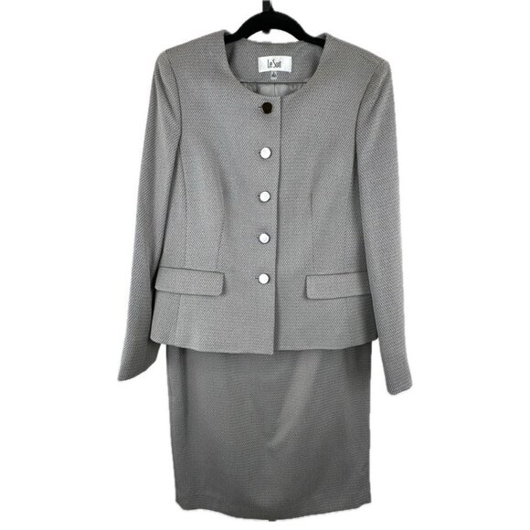 Le Suit Grey Tweed Skirt Suit Set With Pockets- Size 8 - Picture 1 of 4